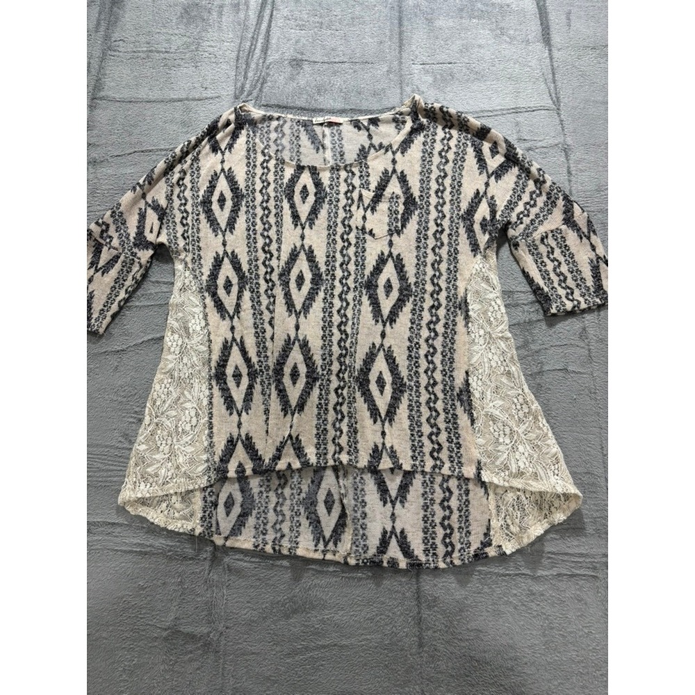 Boho Aztec‎ Lace Tunic Top Womens M/L Cream Black Southwestern Hi Low Blouse